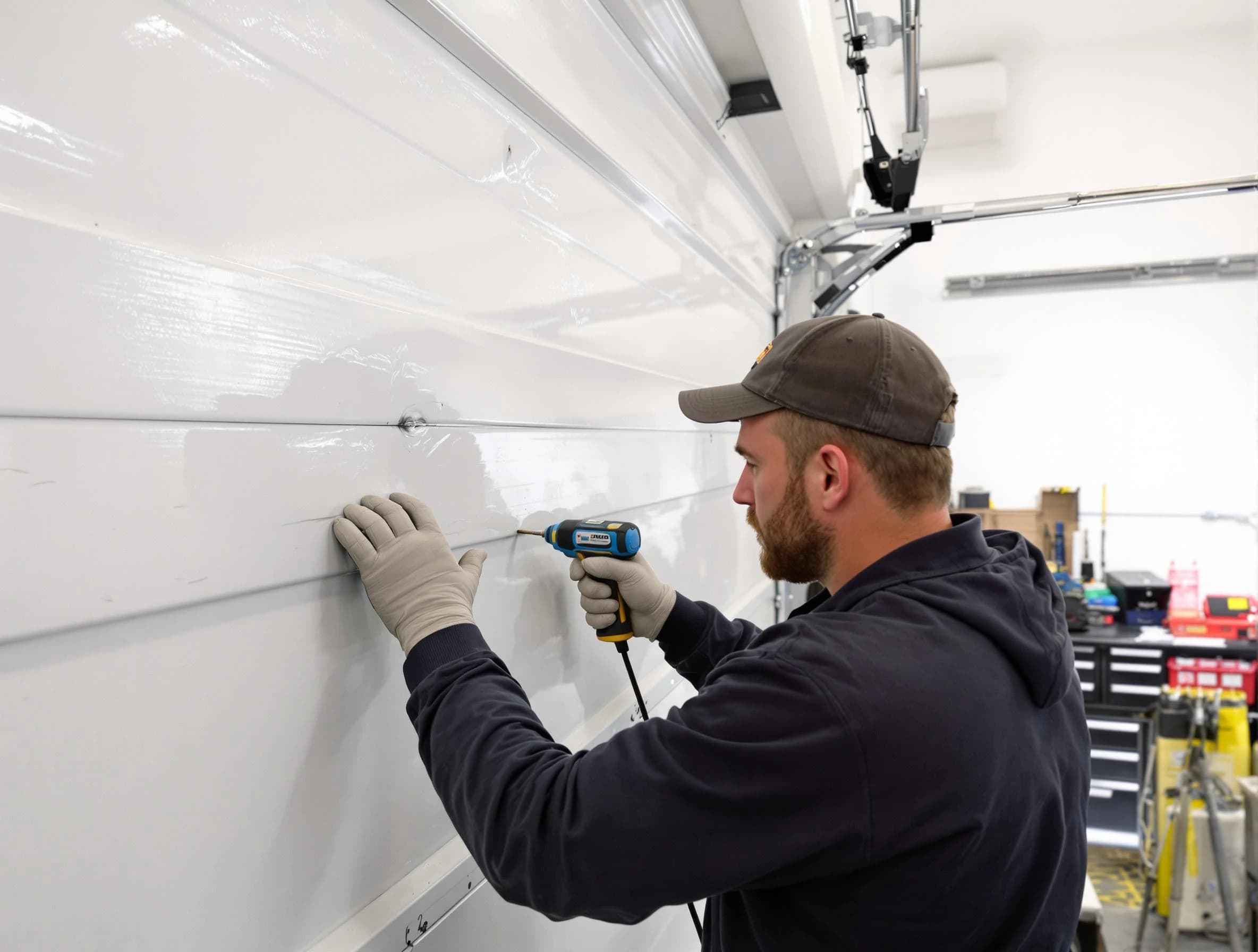 Mansfield Garage Door Repair technician demonstrating precision dent removal techniques on a Mansfield garage door
